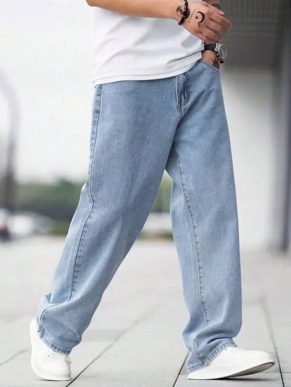 Light Wash Casual Men's Loose-Fit Zip Fly Long Pocket Plain Denim Pants